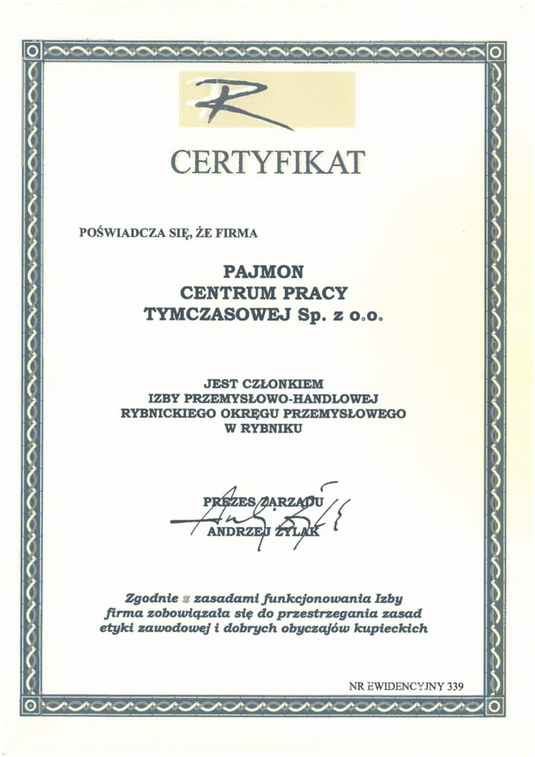 Certyfikat Członkostwa Izby Przemysłowo-Handlowej Rybnik
